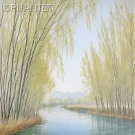 Riverside Serenity with Willow and Blossoms