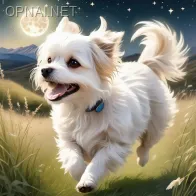 White Maltese Terrier Frolicking in Moonlit Mountain...