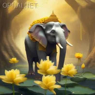 The majestic yellow elephant has a blooming lotus...