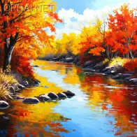 A beautiful, calm and cozy painting of a river in...