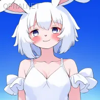 a anime bunny girl have a white skin and hair, white...