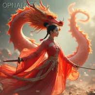 Girl, ao dai, east Asian dragon, majestic, colorful,...