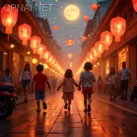 Mid-Autumn Festival on the streets in Vietnam, bustling...