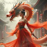 Girl, ao dai, east Asian dragon, majestic, colorful,...