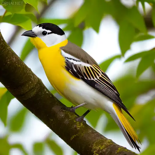 Yellow Ringed Bird on Leafy Branch Amidst Trees