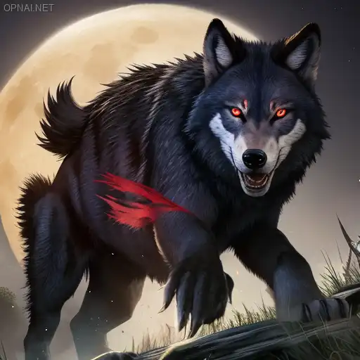 Red-Eyed Wolf in Moonlit Attack