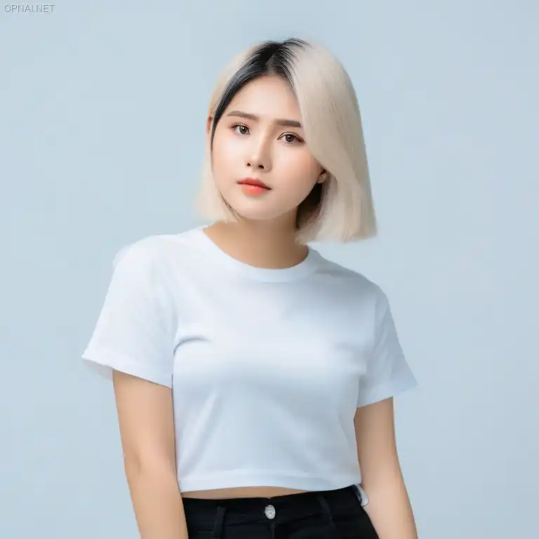 Mysterious Asian Woman in Bicolor Hair and White...