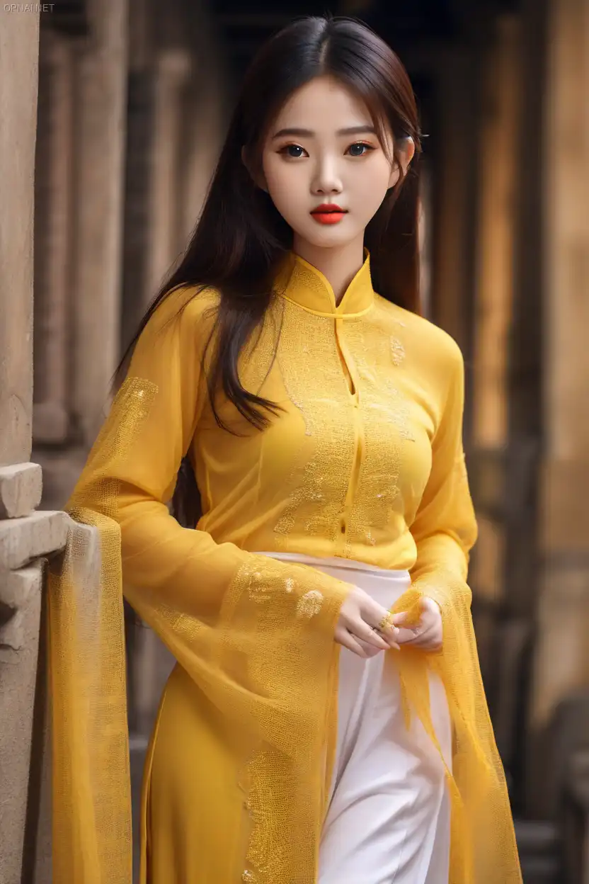 Hyperrealistic Vietnamese Girl in Yellow Aodai P...