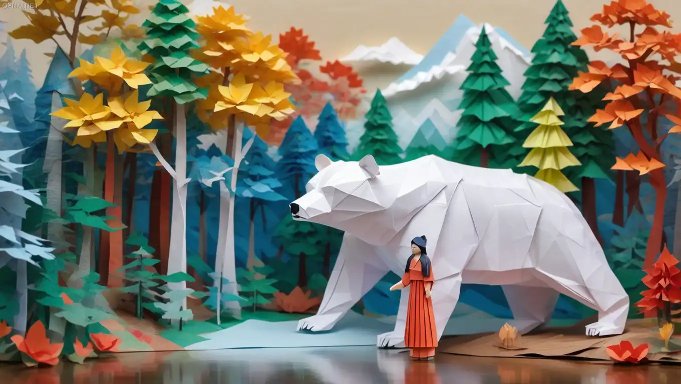 Origami Woman and Giant White Bear in Enchanted Forest...
