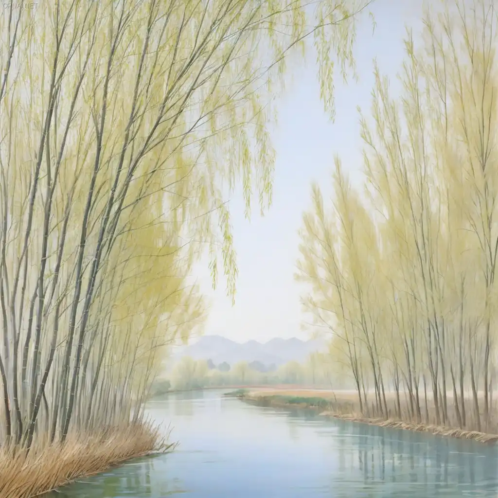 Riverside Serenity with Willow and Blossoms