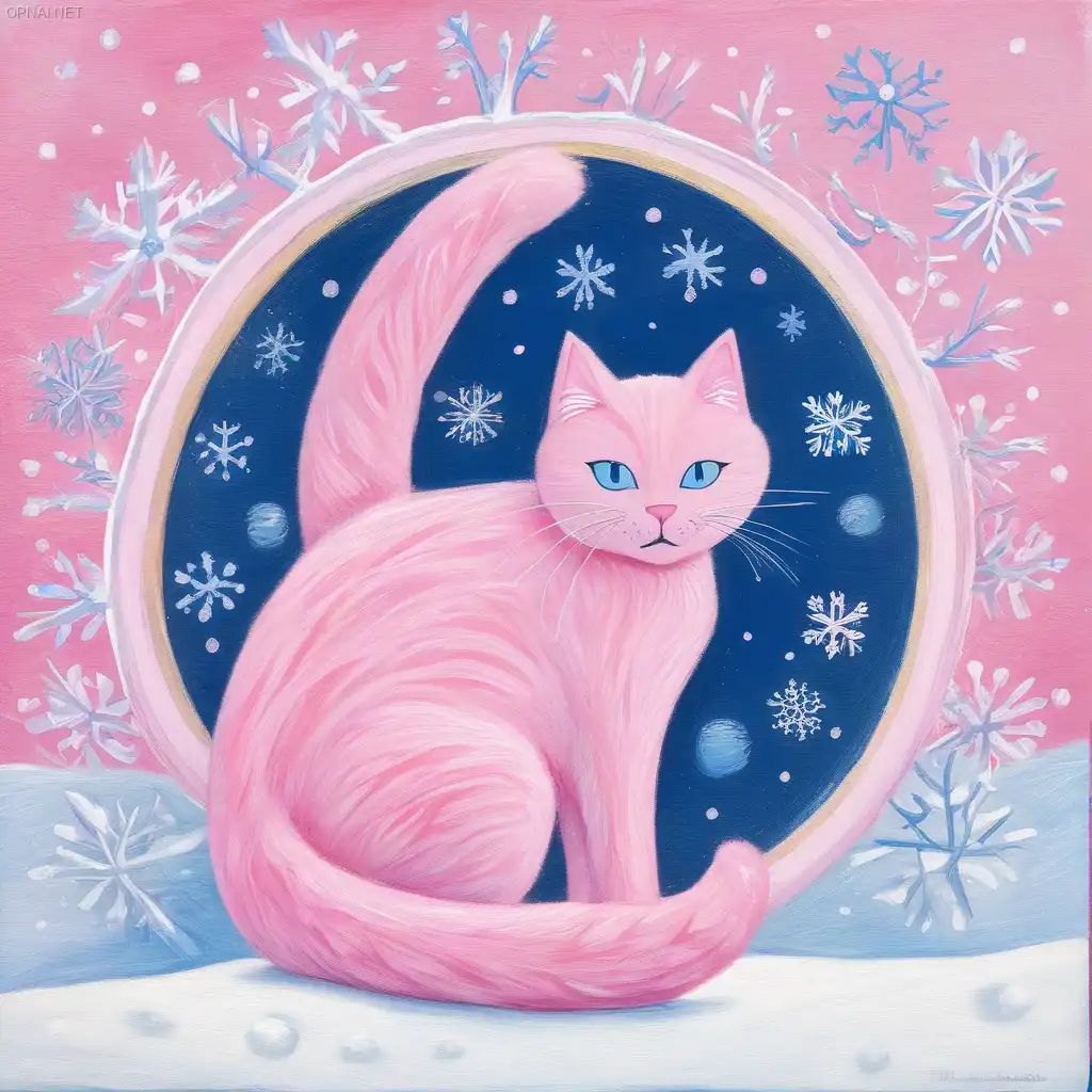 Winter's Enchantment: A Playful Pink Cat in...