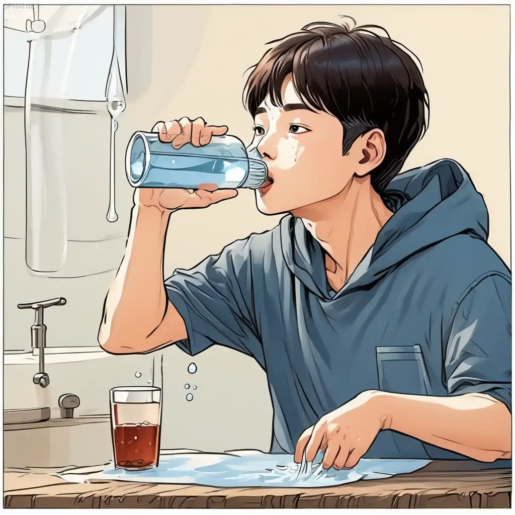 물을 마시는 한국 소년의 활기찬 모험