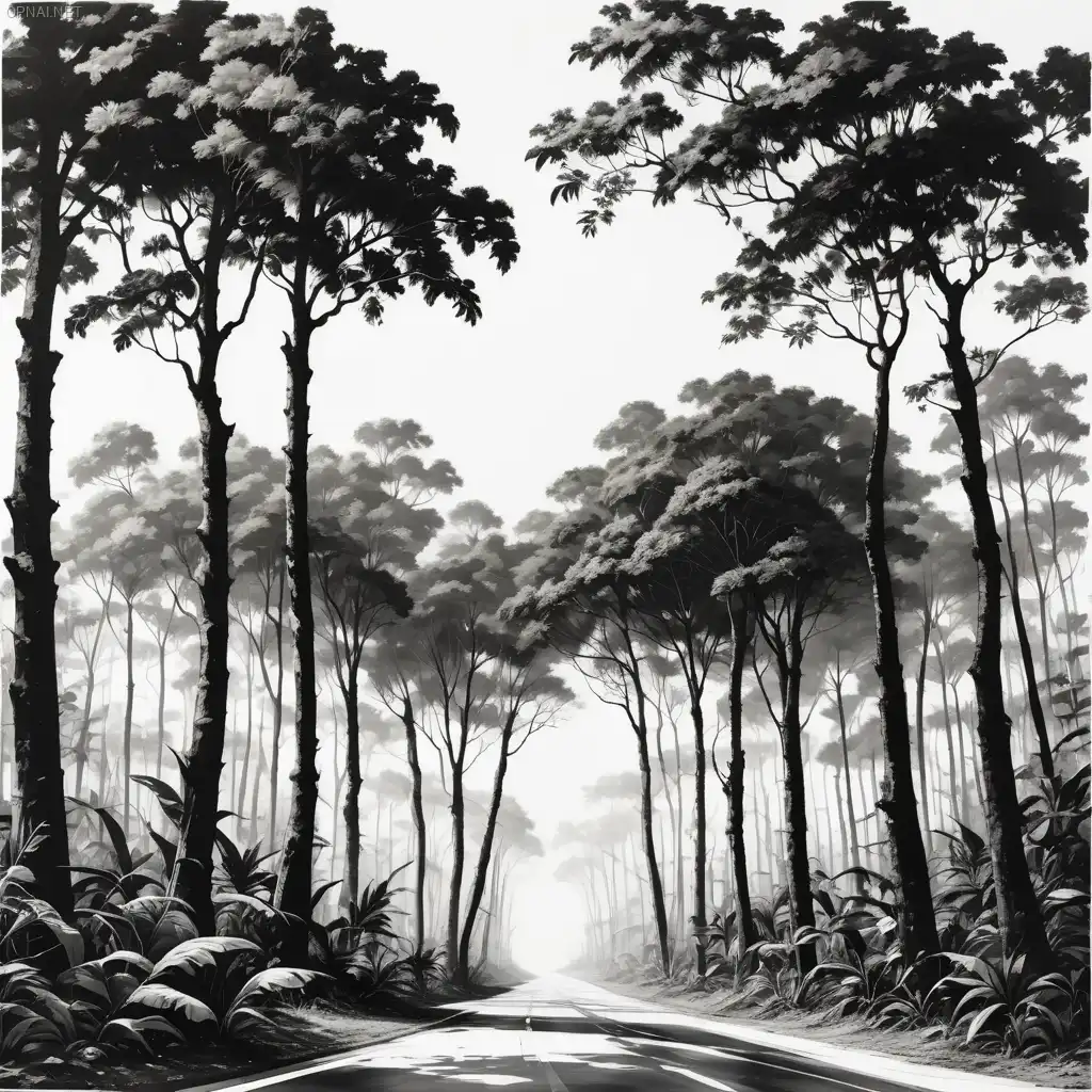 Forest Road: Black Trees on White Background