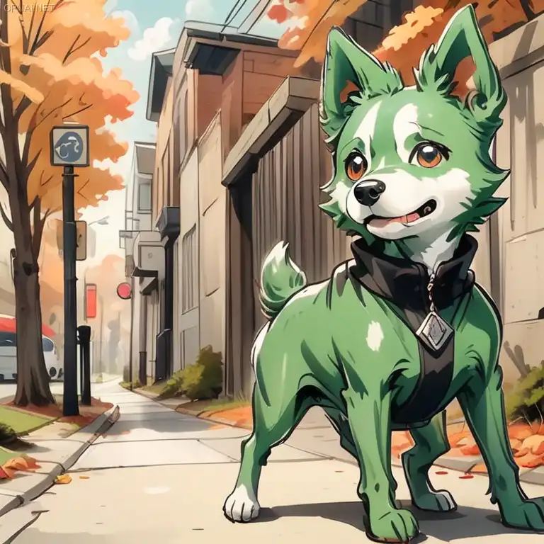 Green Anime Dog Playing in Ohio's Autumn St...
