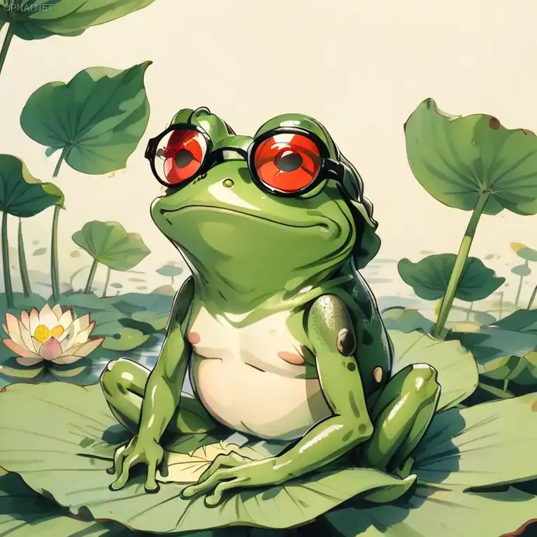 Glasses-wearing Frog on Lotus Leaf