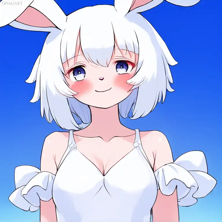 a anime bunny girl have a white skin and hair, white...