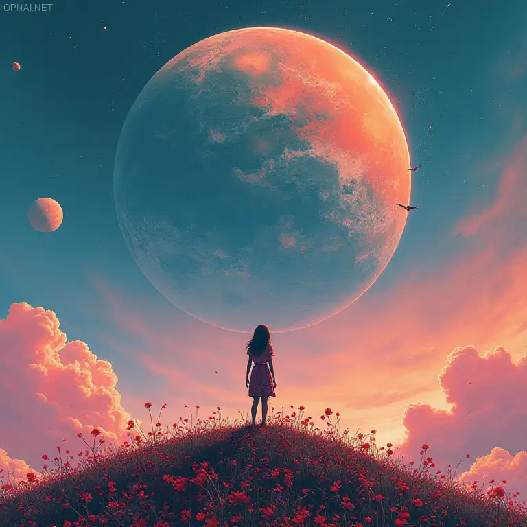 space girl| standing alone on hill| centered| detailed...