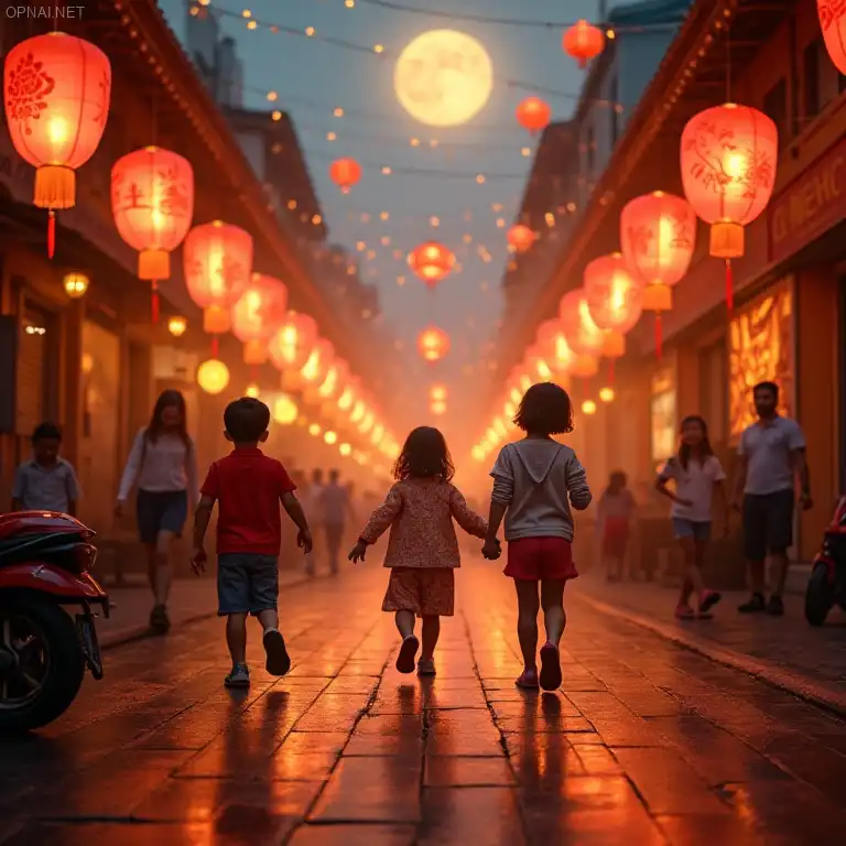 Mid-Autumn Festival on the streets in Vietnam, bustling...