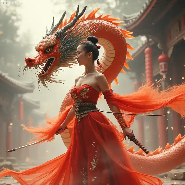 Girl, ao dai, east Asian dragon, majestic, colorful,...