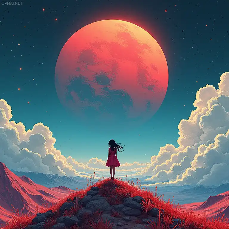 space girl| standing alone on hill| centered| detailed...