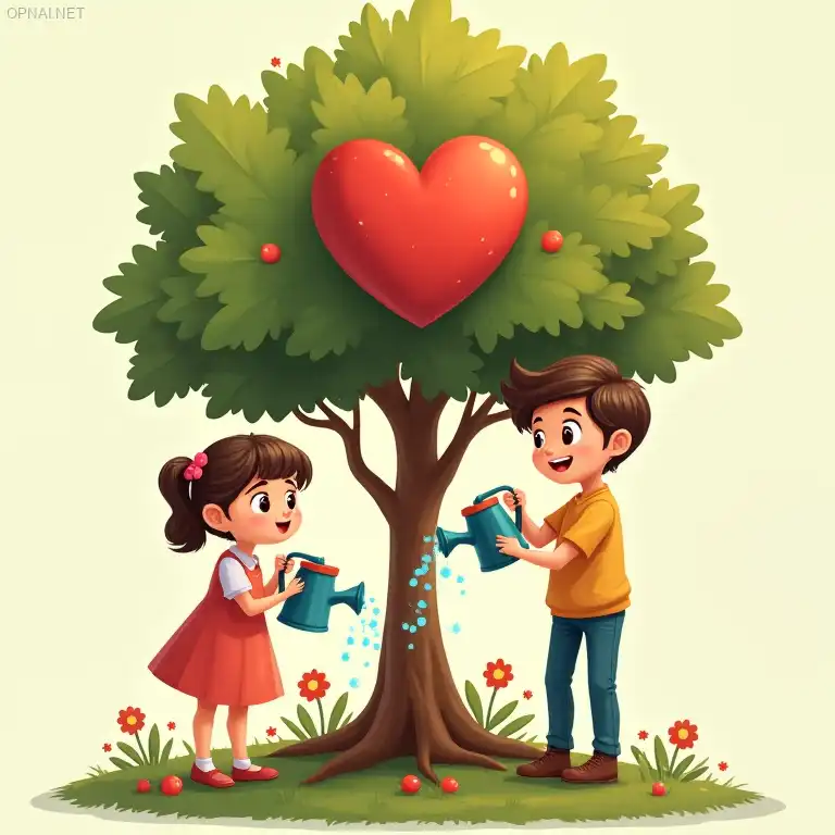 Cartoon style photo
A young couple is watering and...