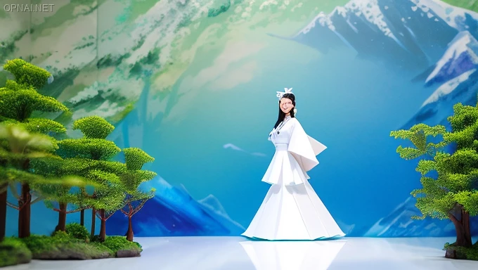 Origami Vietnamese Woman and White Bear in Enchanted Forest