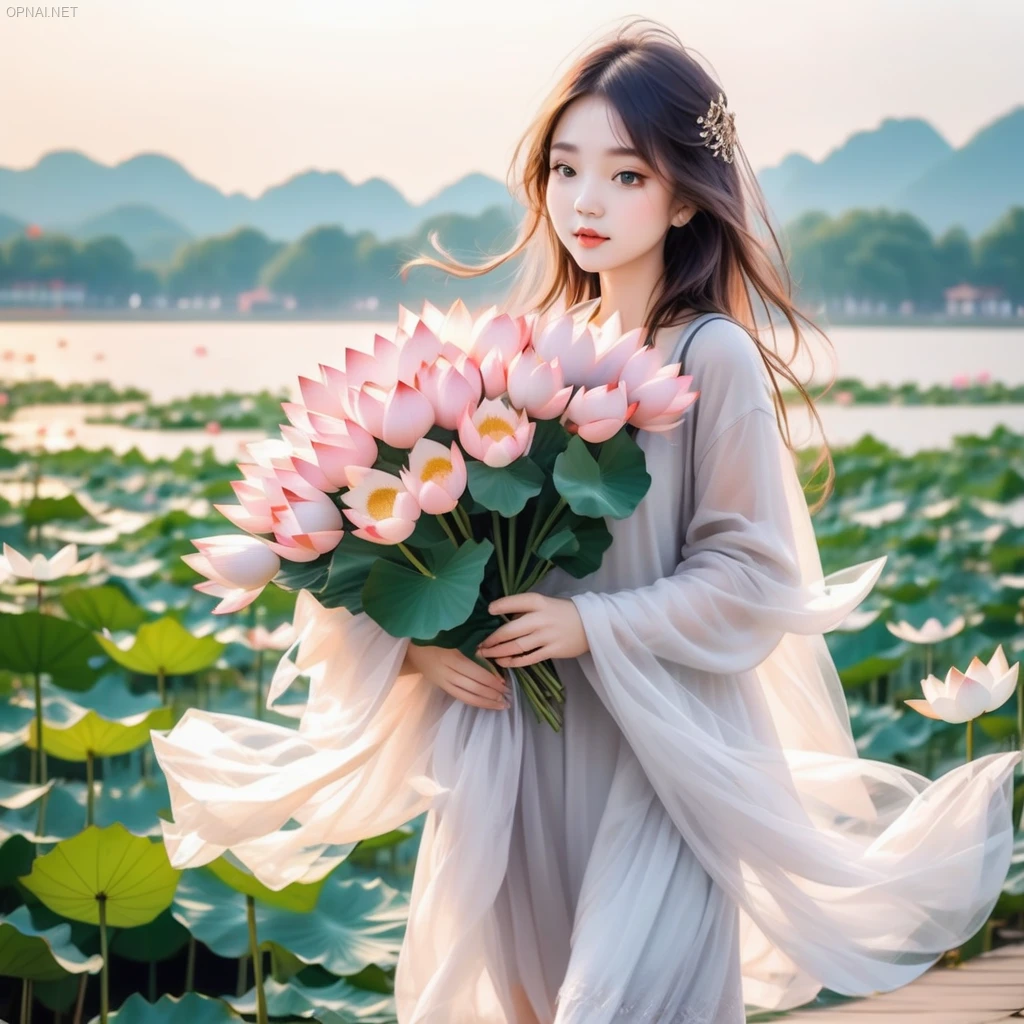 Thiên nhiên thơ mộng: Cô gái và bó hoa sen