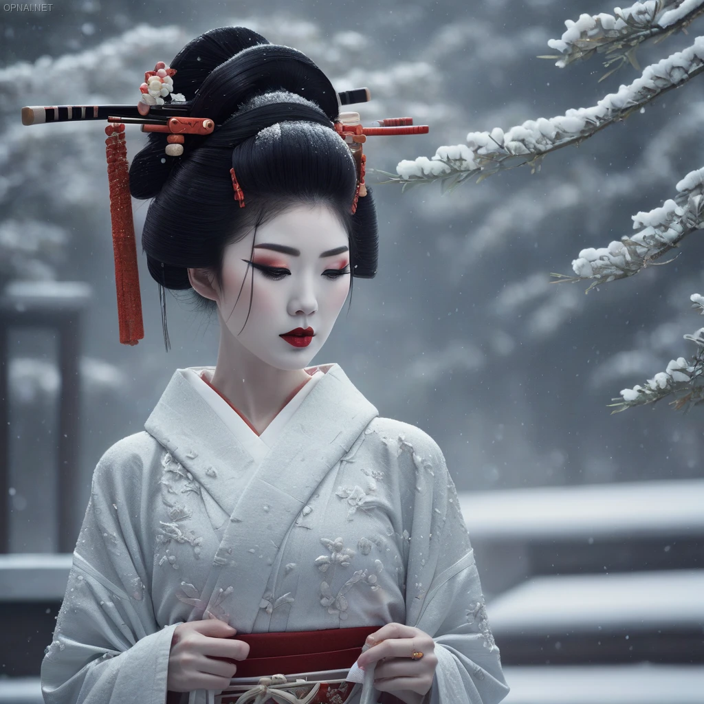 Enchanted Geisha: A Snowy Portrait