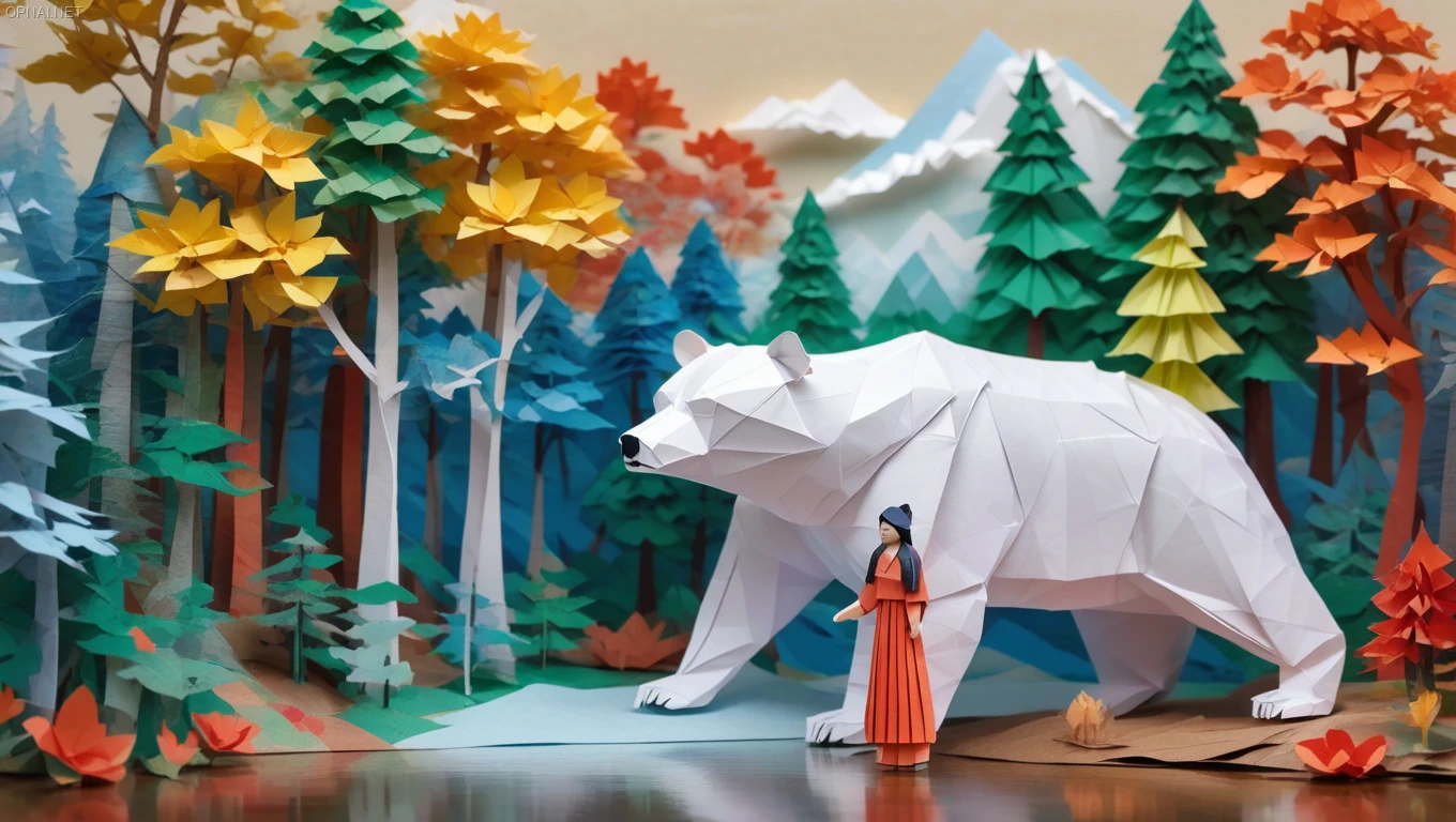 Origami Woman and Giant White Bear in Enchanted Forest Diorama